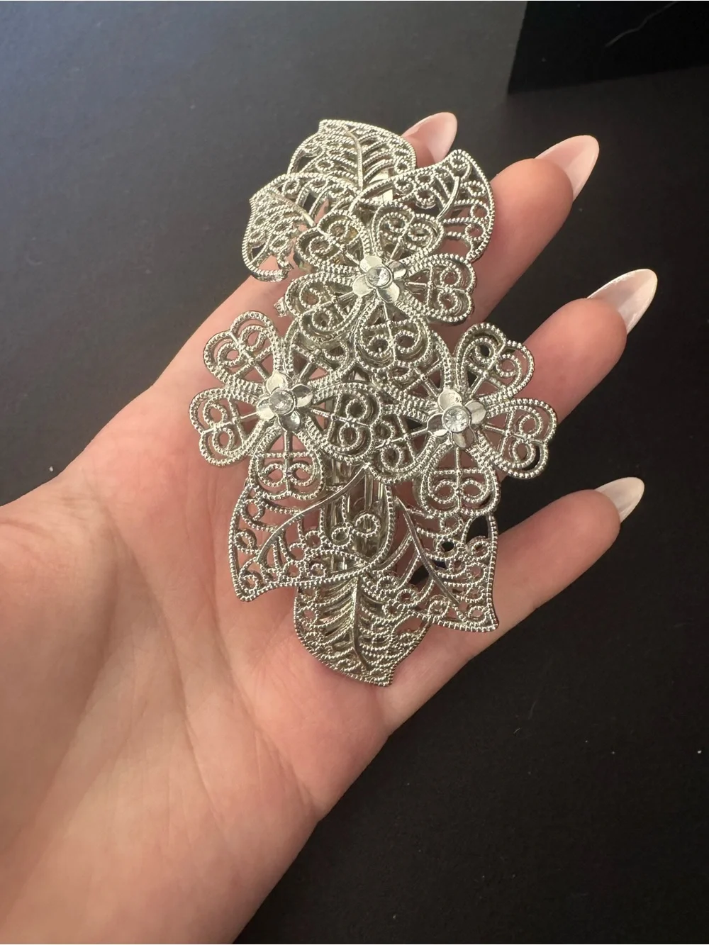 Vintage Silver Tone Floral Filigree Hair Clip with Clear Crystal Centers